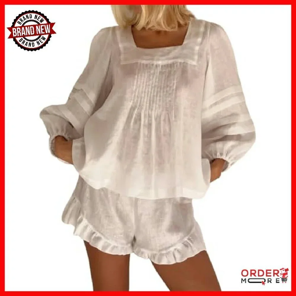 Cotton Pajama Set Puff Sleeve Top Ruffle Shorts Lounge Wear